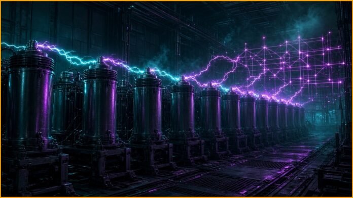 Glowing server racks with jagged power waves smoothed into a calm line by a bank of cylindrical capacitor cells
