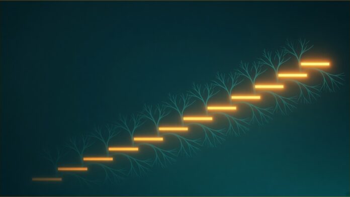 Illustration of Sierra ARR concept in teal and amber: a staircase of glowing amber light bars rising from left to right across a dark teal field, with fine teal branching threads growing from each step.