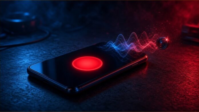 Illustration of a phone on a dark table with a glowing red button on screen and blue-red sound waves leaking from it