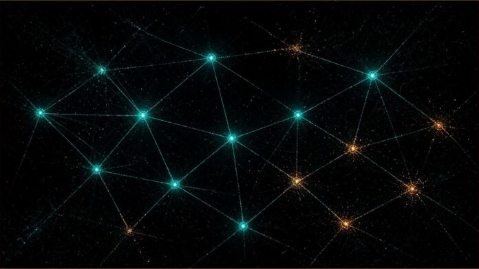 Illustration of Silicon Practice concept in teal and amber: a network of glowing teal nodes, with the links on one side breaking up into amber sparks.