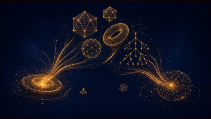 Glowing amber geometric shapes fed by light streams from two cores.