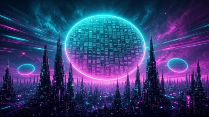 Symbol-only illustration of a giant glowing silicon wafer rising over a neon city of fab towers, with two smaller wafers approaching on the horizon.