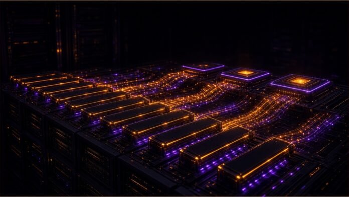 Rows of server memory modules glowing amber and violet in a dark data hall.