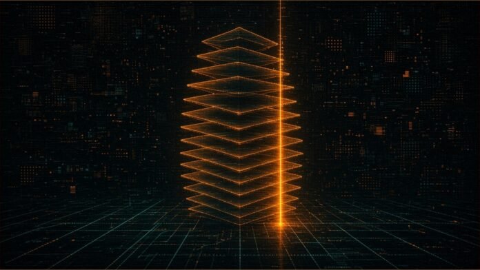 SK hynix Q3 Revenue Tops 100 Trillion Won | TSN Illustration of a tower of thin glowing stacked layers rising from a dark grid floor beside a bright amber bar of light.