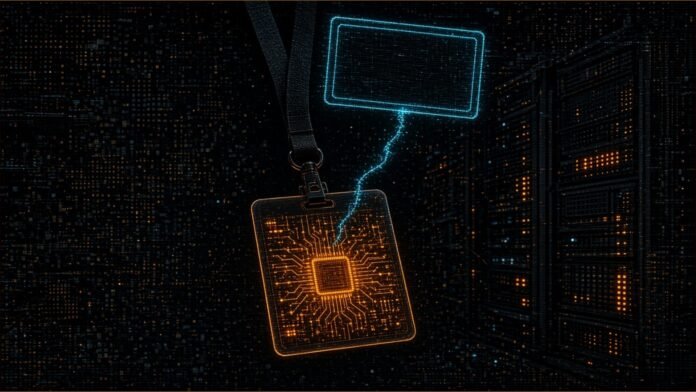 SK Telecom Gives AI Agents Employee IDs and Bosses | TSN Illustration of a blank staff badge with a circuit pattern hanging in front of a server rack, linked by a thin line to a larger badge above it