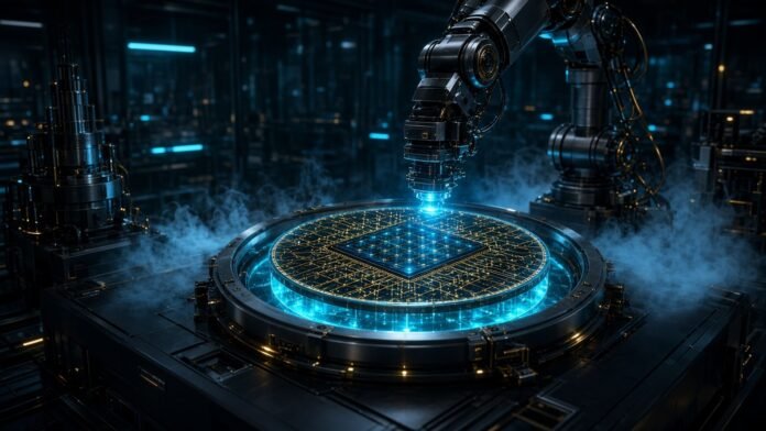 SkyWater and D-Wave Sign Multi-Year Quantum Chip Agreement Robotic arm fabricating a glowing quantum chip wafer in a misty cleanroom