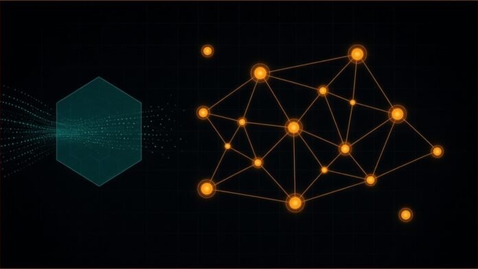 Smack Wins $7.5m SOCOM Deal for Omega AI Planner | TSN Illustration of an amber network of linked planning nodes, with a teal hexagonal filter screening incoming data streams
