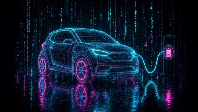 Smart #2 EV Debuts in Paris: 35.8kWh, 290km WLTP Target Neon wireframe electric city car plugged into a glowing charger