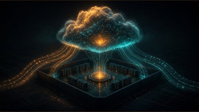 France-shaped perimeter of light enclosing a data cloud lattice and an AI node, with a table glyph