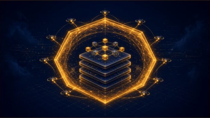 A layered stack inside an amber hexagonal shield ringed by small patrol nodes.
