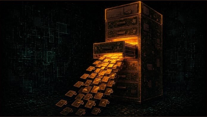 So-net Says Hack Leaked 2.59m Member Records | TSN Illustration of a glowing database tower spilling a stream of cards and key-tagged envelopes into the dark