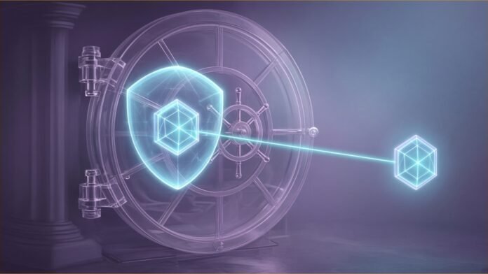 Illustration of a glowing token shielded inside a glass bank vault door, linked by a beam of light to an unshielded token outside