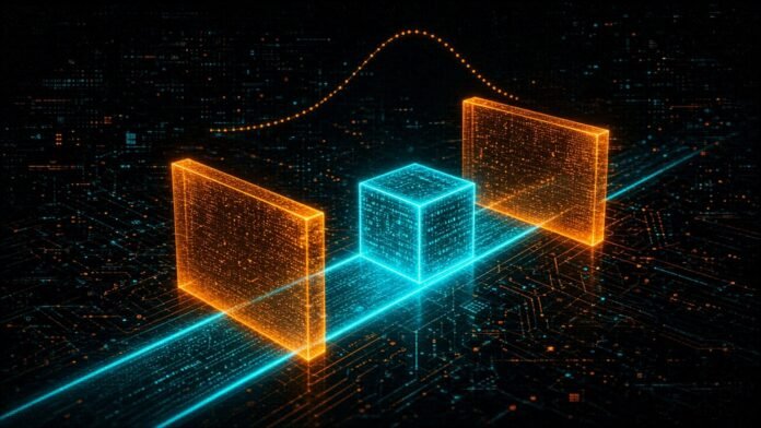 Symbol-only illustration of a glowing cyan cube on a neon lane squeezed between two translucent orange blocks, with a dotted price curve arcing behind.