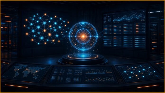 Swarm of glowing agent nodes on circuit rails merging blinking alert sparks into one steady beacon