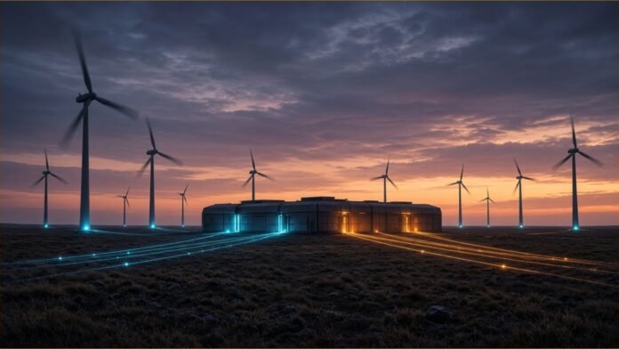 Illustration of wind turbines at dusk around a glowing modular data centre hall linked by lines of light