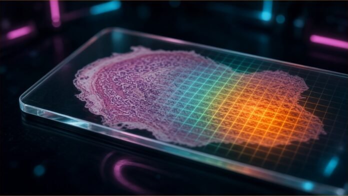 Illustration of a stained tissue slide with a glowing heat-map grid over part of it
