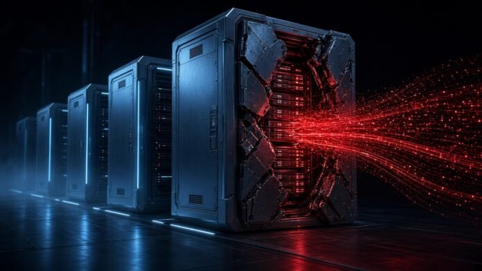 Row of glowing vault doors on a dark grid, several cracked open with light leaking out