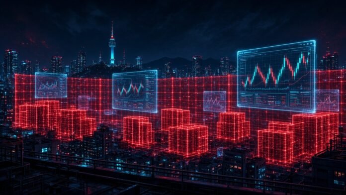 Red firewall blocks sealing off crypto exchange portals over a night city