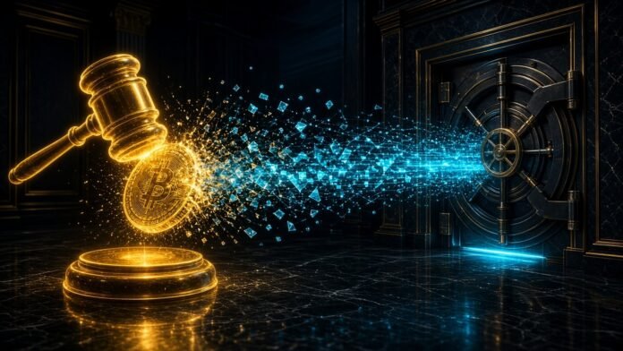 Neon gavel striking a crypto coin that streams into a court vault