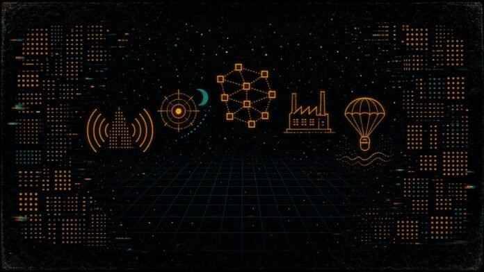 Five amber glyphs in an arc on a dark starfield grid: a radio-wave fan around a dotted building, a reactor core beside a crescent moon, a satellite lattice, a factory with a dotted roof, and a parachute capsule over waves.