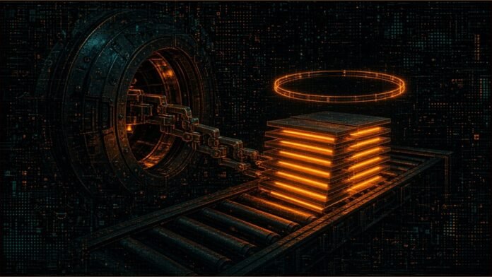 Illustration of a heavy vault door opening onto a chain of linked blocks and a glowing stack of server blades on a conveyor beneath an amber ring of light