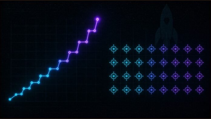 Illustration of a glowing line chart doubling in height beside a multiplying grid of node icons