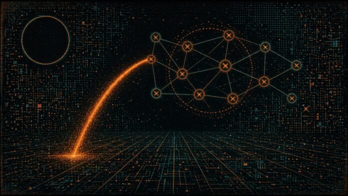 SpaceX Launches 21 Northrop-Built Satellites for US SDA Symbol-only illustration of a cyan rocket-trail arc rising over a dark circuit-grid horizon into a ring of small glowing satellite glyphs joined by magenta laser lines into a mesh, with an orange ring around the newest cluster and a blank clock face in the corner.