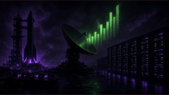 Illustration of a rocket on a launch tower, a satellite dish and server racks under a rising bar chart