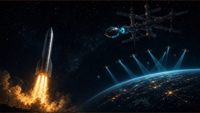 SpaceX Roundup: Dragon Docks, Starship Eyes First Ship Catch A capsule silhouette meeting a glowing docking ring above a curved planet limb, a tall steel rocket shape held between two mechanical arms in the distance, a faint satellite constellation grid overhead; deep navy, white and amber