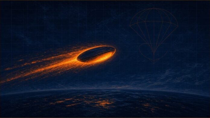 Illustration of a glowing disc-shaped reentry capsule streaking through the upper atmosphere above a dark ocean, with a faint parachute outline ahead.