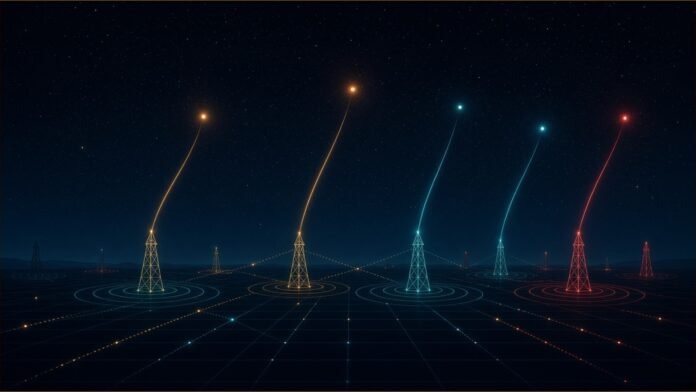 Illustration of thin coloured signal beams arcing down from points of light in a night sky to simple lattice towers ringed by radio waves on a dark grid