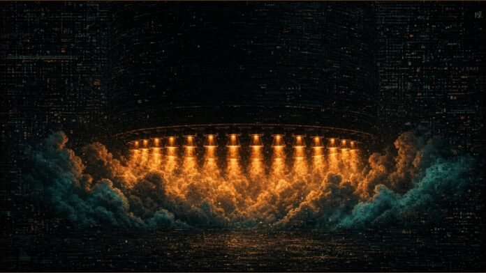 SpaceX Fires 33 Engines on Starship Flight 15 Booster | TSN Illustration of a ring of glowing engine nozzles firing amber light into billowing steam beneath a dark featureless cylinder