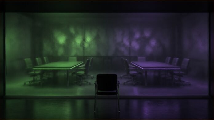 Illustration of a boardroom behind frosted glass with two tables of empty chairs and one chair outside