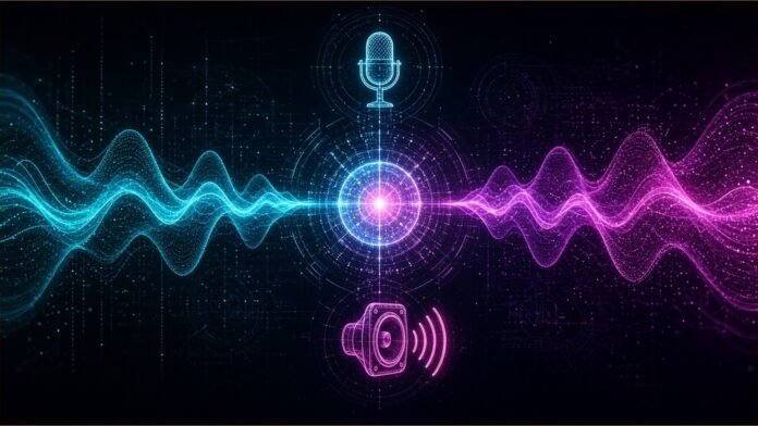 SpaceXSI Ships Grok Voice 3.0, Tops Speech-to-Speech Index Circular ring of teal sound arcs converging into a glowing speech orb on a dark background