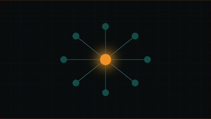 SpaceXSI's Sales Team Uses Shared Grok Bots | TSN Illustration of a glowing amber hub linked by thin lines to eight teal nodes.