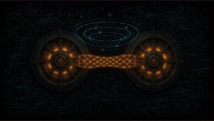 Spain and Portugal Central Banks Join on Post-Quantum | TSN Illustration of two round vault doors glowing amber, joined by a lattice bridge of light beneath cyan orbit rings