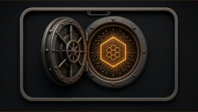 Illustration of a bank vault door opening onto a glowing token inside a phone outline.