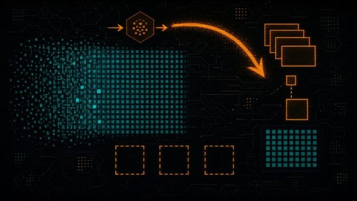 Iris-3B: Open Image AI With No VAE, and No Clear Edge Found Symbol-only illustration of a noisy cyan pixel grid settling into order, an orange arrow arcing over a small hexagonal box, three outline glyphs for depth, restoration and generation, and three blank dashed squares along the bottom.