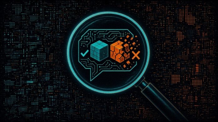 A glowing magnifying glass over a chat bubble made of circuit lines, with one intact cyan block marked with a check and one cracked amber block marked with an X.