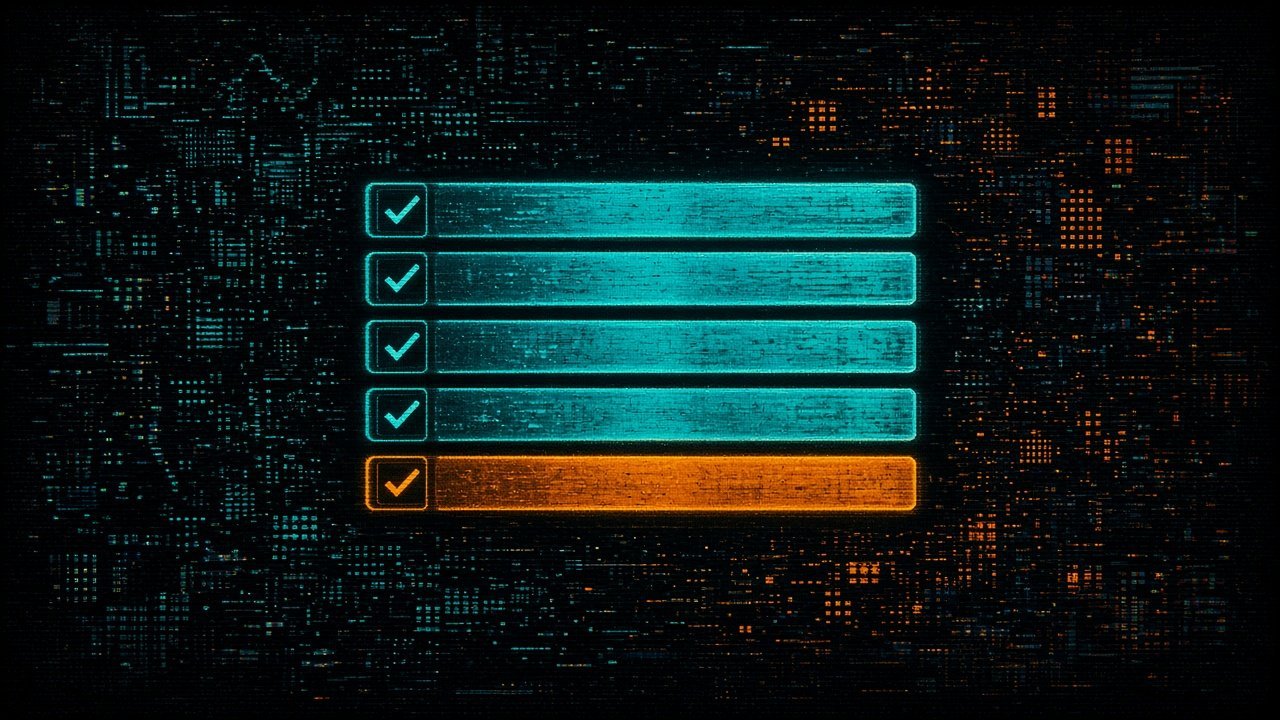 Five stacked checklist bars, four cyan and the last amber, each with a check-mark box on its left.