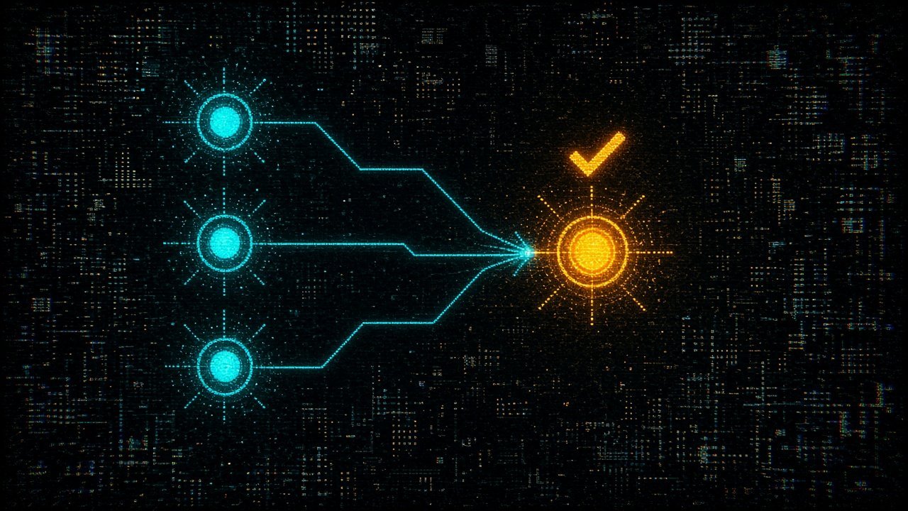 Three separate cyan nodes sending lines to converge on one amber node marked with a check, showing a claim confirmed by independent sources.