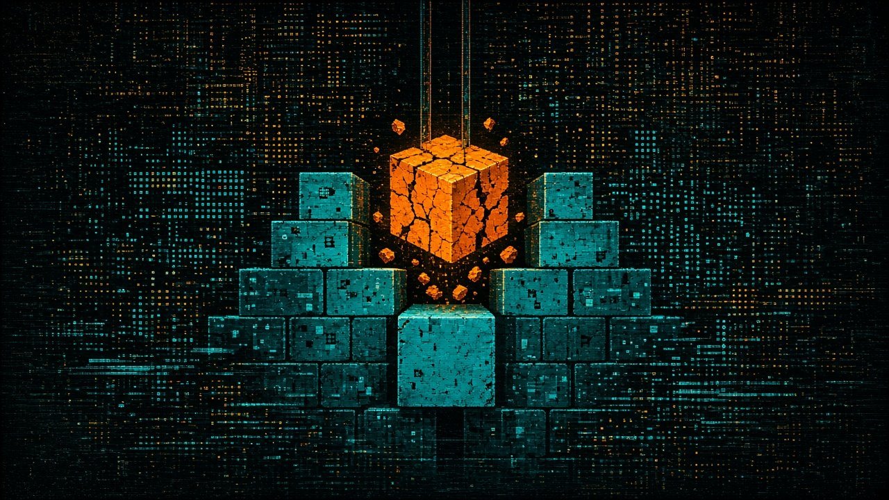 A cracked amber block being lifted out of a wall of cyan blocks and replaced by a solid block.