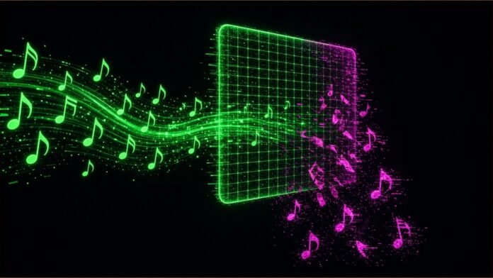 Illustration of glowing music notes passing through a filter grid while distorted notes are sieved out.