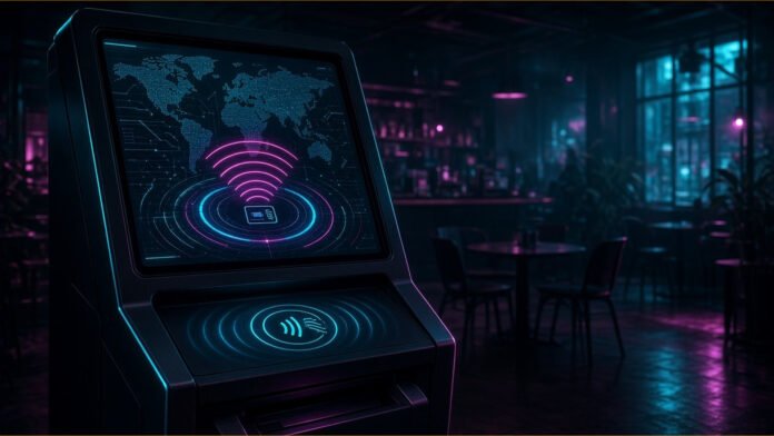Square Launches $1,999 Kiosk With an AI Voice Ordering Agent Tall freestanding touchscreen pillar glowing in a dark space with sound-wave rings rippling from its base