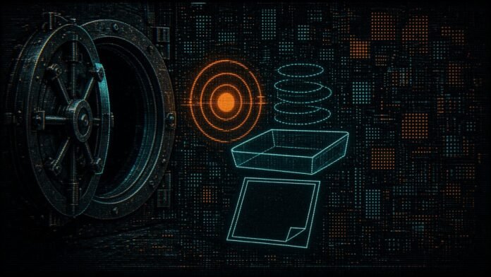 Symbol-only illustration of a half-open vault door beside an empty coin tray with a faint dotted outline of unfilled coins above it, an orange target ring hovering over the tray and a blank ledger page below, on a dark circuit grid.