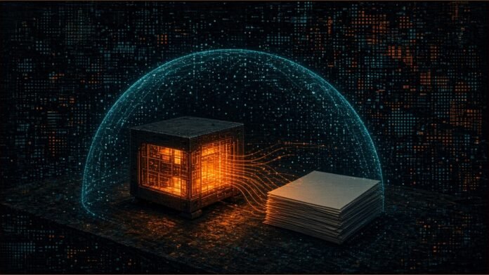 St Jude Releases MyGPT, an Offline Medical AI Tool | TSN Illustration of a small glowing computer linked by amber lines to a stack of documents, enclosed by a faint cyan protective dome
