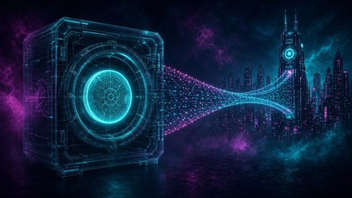 Symbol-only illustration of a glowing translucent vault holding a cyan coin, with a dotted bridge of light reaching toward a distant neon trading tower.