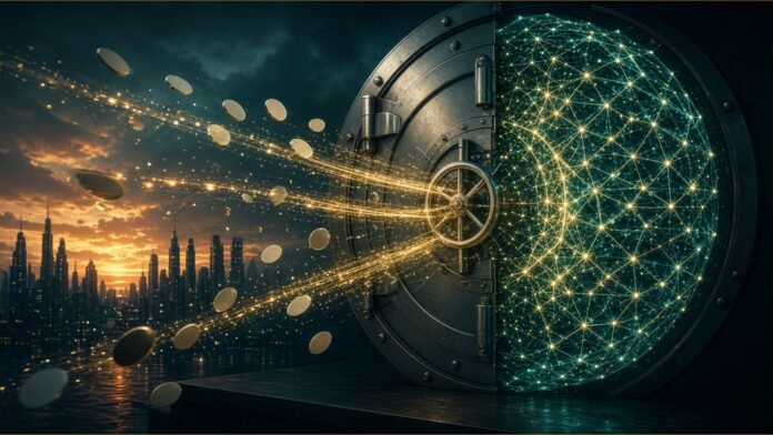 Illustration of a vault door split between polished steel and a glowing digital mesh, with coins and light streams flowing in
