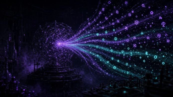 Stanford Lab Unveils NCM, Text Built in a Few Parallel Steps Parallel streams of glowing concept glyphs flowing from a neural lattice