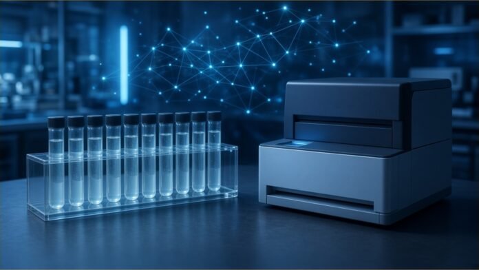 Stanford Digital Twins Flag Preterm Birth Drug Pair | TSN Illustration of a rack of sealed sample tubes beside an unbranded lab instrument, with a glowing network of light points above